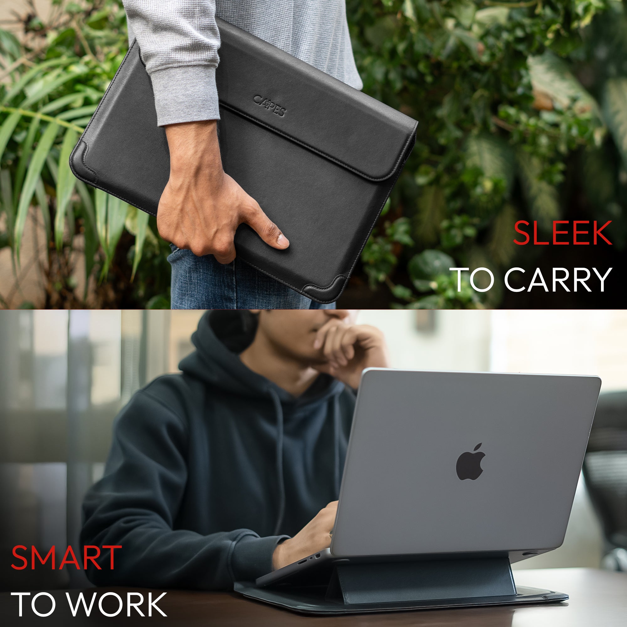 Elevate Armour 15/16" Black Leather Laptop Sleeve with Trifold Stand
