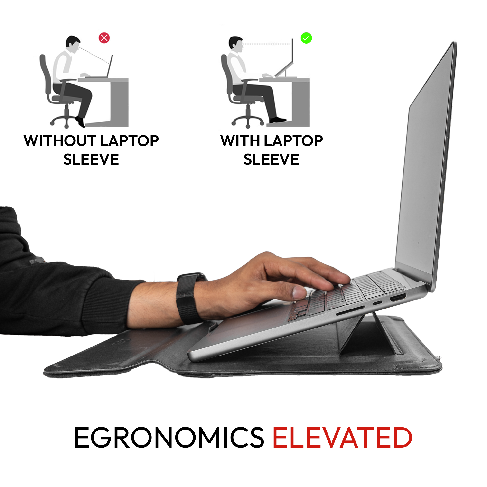 Elevate Armour 15/16" Black Leather Laptop Sleeve with Trifold Stand