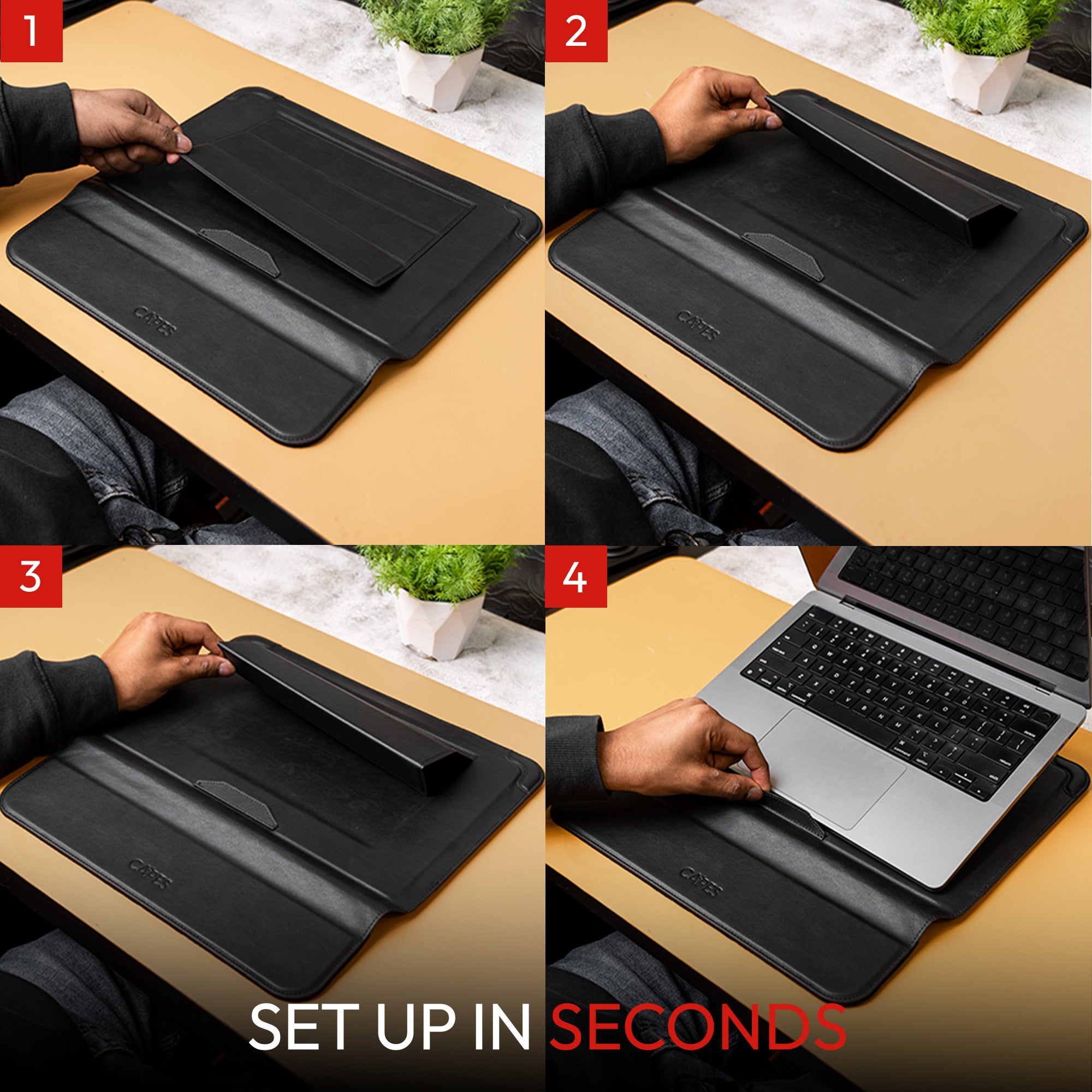 Elevate Armour 15/16" Black Leather Laptop Sleeve with Trifold Stand