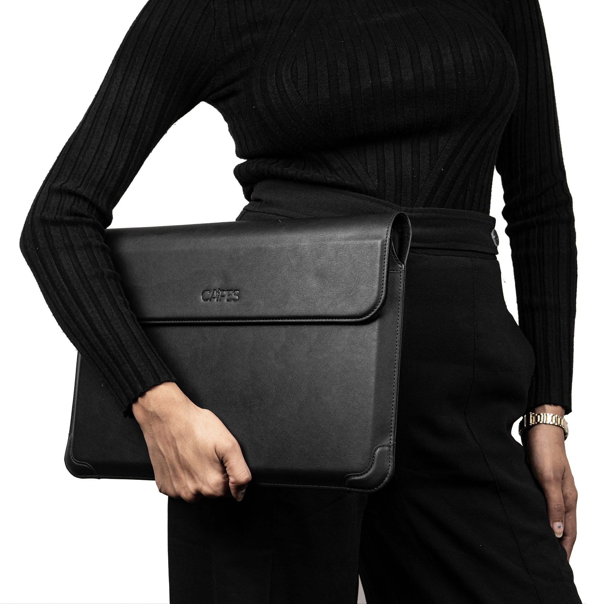 Elevate Armour 15/16" Black Leather Laptop Sleeve with Trifold Stand