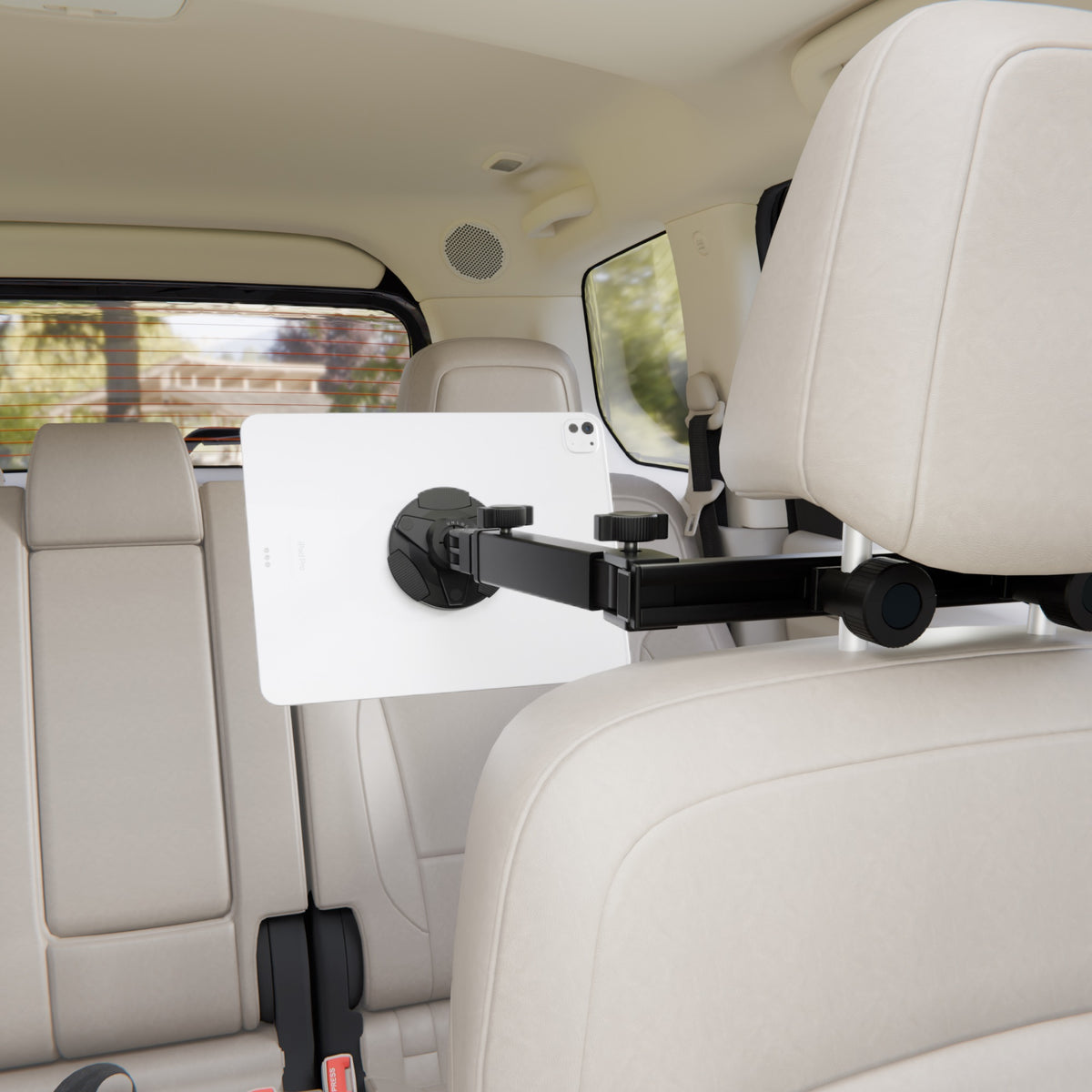 iPad on the Back Seat Mount, seen from the rear bench of an SUV