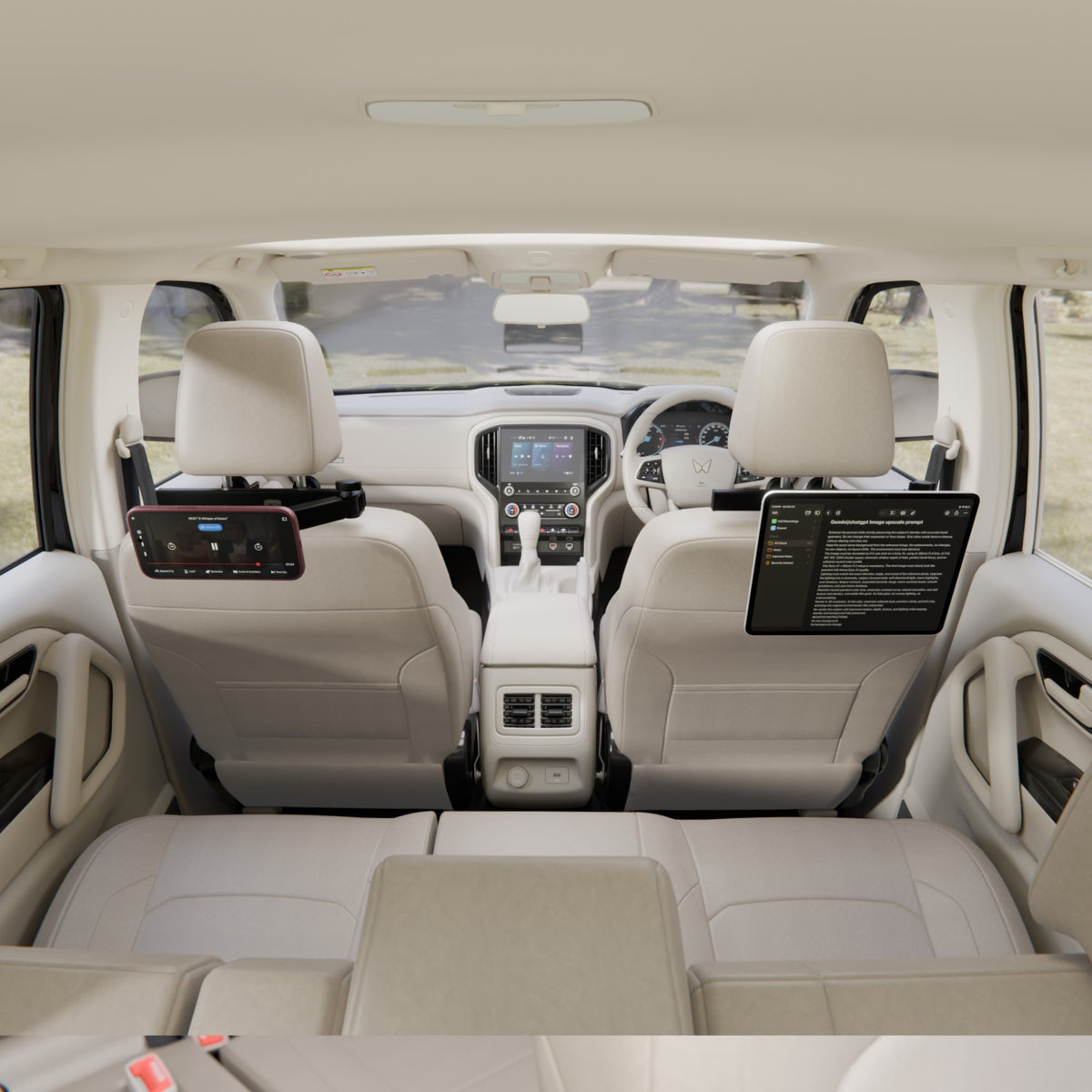 Two Back Seat Mounts, one behind each front seat, with a phone and an iPad