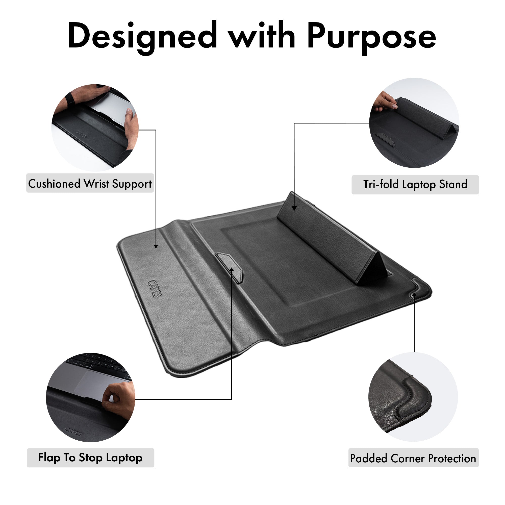 Elevate Armour 15/16" Black Leather Laptop Sleeve with Trifold Stand