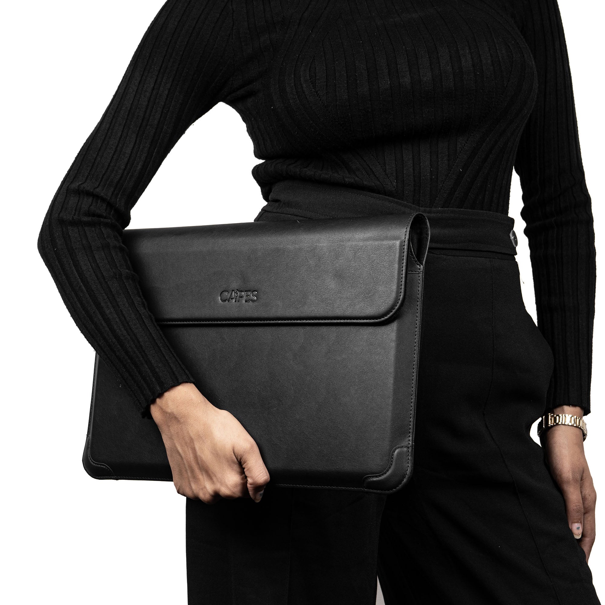 Elevate Armour 15/16" Black Leather Laptop Sleeve with Trifold Stand