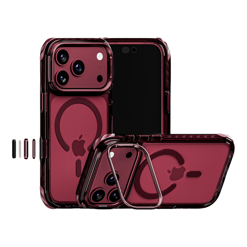 Impact Armour Pro MagSafe case in Burgundy on an iPhone 18 Pro – back, front and kickstand views